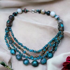 Sterling Silver 4-Strand Dragon Skin
Turquoise, Pearls/ Precious Stone Necklace